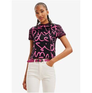 Pink-Black Womens Patterned T-Shirt Desigual Lettering Retro - Women