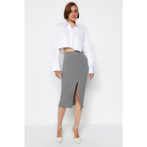 Trendyol Gray Textured Crepe Pencil Skirt with a Slit in the Front, Flexible Knitted Skirt