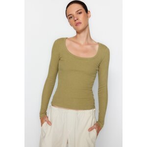 Trendyol Khaki Antique/Faded Effect Ribbed Pool Neck Fitted Cotton Stretch Knitted Blouse