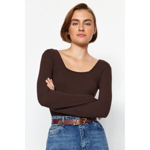 Trendyol Brown Square Collar Long Sleeved Corduroy Stretchy Knitted Bodysuit