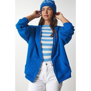 Happiness İstanbul Women's Blue Hooded Zipper Oversize Sweatshirt