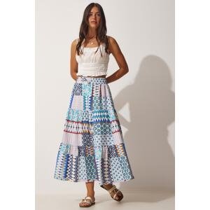 Happiness İstanbul Women's Blue Turquoise Patterned Ruffle Summer Skirt