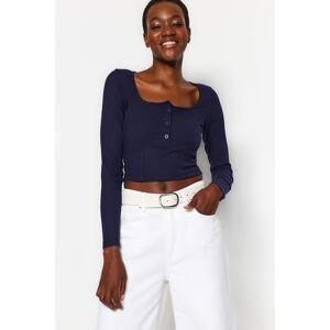 Trendyol Navy Blue Button Detailed Square Neck Fitted/Situated Ribbed Flexible Crop Knitted Blouse