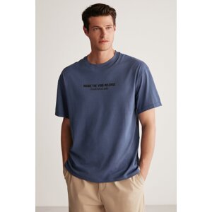 GRIMELANGE Bastıan Men's Oversize Fit 100% Cotton Thick Textured Printed Navy Blue T-shirt