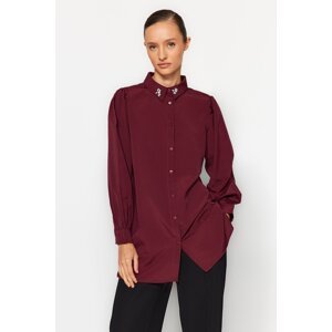 Trendyol Claret Red Collar with Embroidered Stones Detail Woven Shirt