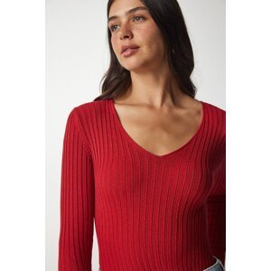 Happiness İstanbul Women's Red V-Neck Ribbed Basic Blouse