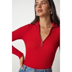 Happiness İstanbul Women's Red Zipper High Collar Ribbed Knitwear Blouse
