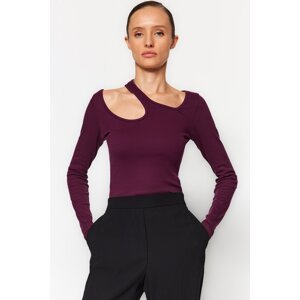 Trendyol Plum Corded Cut Out/Window Detailed Fitted/Fitting Cotton Stretch Knitted Blouse