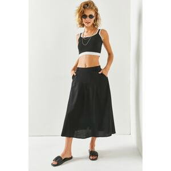 Olalook Women's Black A-Line Cut Midi Linen Skirt