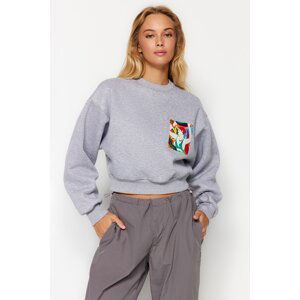 Trendyol Gray Melange Thick Fleece Printed Crew Neck Relaxed Cut Crop Knitted Sweatshirt