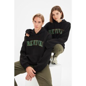 Trendyol Black Unisex Plus Size Oversize/Wide Fit Comfort Hooded Printed Fleece Cotton Sweatshirt