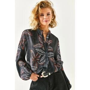 Olalook Women's Black Loose Fitted Collar Blouse with Buttons