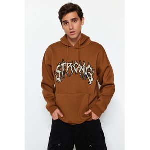 Trendyol Light Brown Men's Oversize/Wide-Cut Fleece Inner Hoodie with Text Embroidered Sweatshirt.