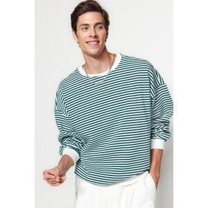 Trendyol Men's Green Oversize/Wide-Fit Striped Fleece Inner Cotton Sweatshirt