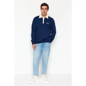 Trendyol Men's Navy Blue Regular/Real Fit Polo Neck Embroidered Fleece Inside Cotton Sweatshirt