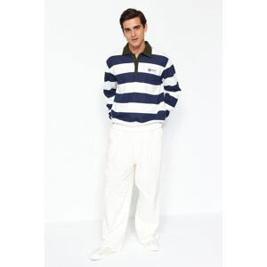 Trendyol Navy Regular/Regular Fit Polo Neck Striped Fleece Inside Cotton Sweatshirt