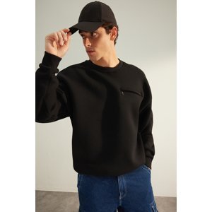 Trendyol Limited Edition Men's Black Oversize/Wide Fit Crew Neck Zipper Pocket Fleece Sweatshirt