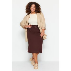 Trendyol Curve Brown Plain Pencil Interlock Knitted Plus Size Skirt