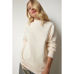 Happiness İstanbul Women's Cream High Neck Basic Raised Sweatshirt