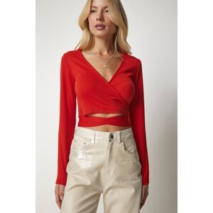 Happiness İstanbul Women's Orange Tie Wrapped Neck Crop Blouse
