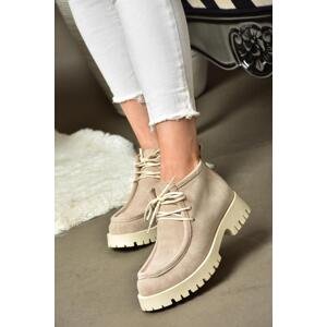 Fox Shoes R555061602 Beige Genuine Leather and Suede Women's Lace-Up Boots