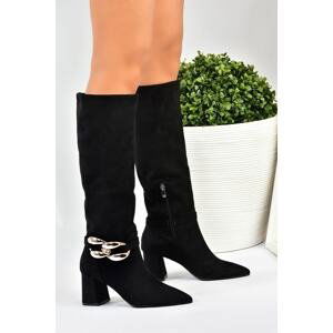 Fox Shoes Women's Black Suede Chain Detailed Heeled Boots