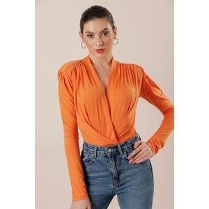 By Saygı Double-breasted Collar Blouse Orange with Gathering Waistband and Snap Snap.