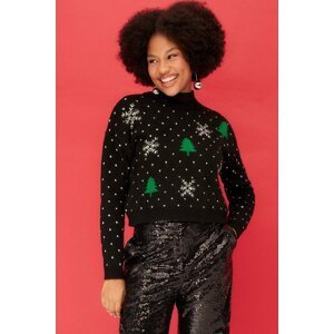 Trendyol čierny vianočný tematický pletený sveter crewneck