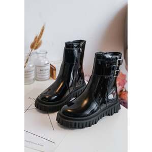 Children's patent leather ankle boots with buckles, Black Chloraia