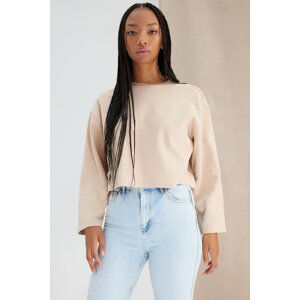 Trendyol Beige More Sustainable Thick Fleece Inside Comfortable Cut Crop Crew Neck Knitted Sweatshirt