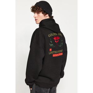 Trendyol Black Oversize/Wide Cut Hooded Printed and Embroidered Fleece Inside Sweatshirt