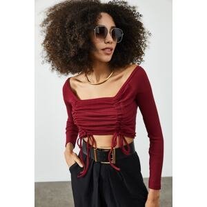 XHAN Women's Burgundy Front Gathered Camisole Blouse