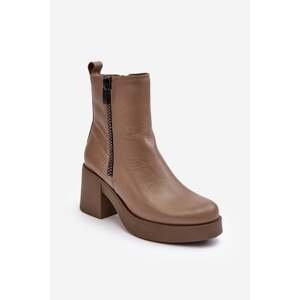Lemar Littosa Lemar Littosa Dark Beige Leather Ankle Boots with Massive Heels with Zippers