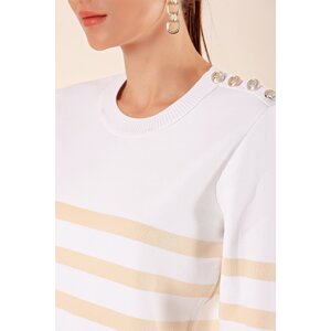 Bigdart 15820 Button Detail Striped Sweater - C. Beige