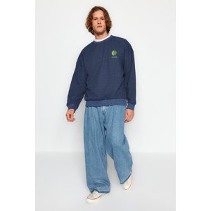 Trendyol Indigo Men's More Sustainable Oversize/Wide Fit Crew Neck Long Sleeve Embroidery Detail Sweatshirt