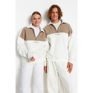 Trendyol Men's Mink Oversize/Wide-Fit Zippered Embroidery Detail Color Block Fleece Inside Cotton Sweatshirt