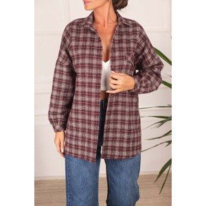 armonika Women's Plum Check Pattern Shirt with Pockets Oversized Stamp