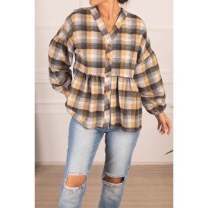 armonika Women's Yellow Plaid Patterned Stamped Shirt with Smocking and Elasticated Sleeves