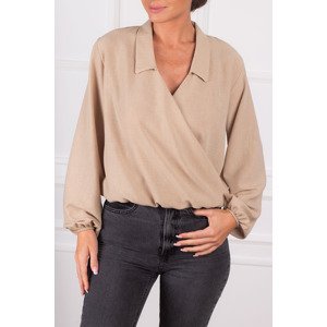 armonika Women's Beige Double Breasted Collar Blouse With Elastic Sleeves And Waist