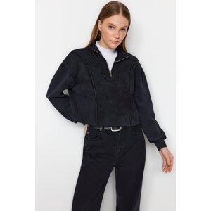 Trendyol Anthracite Anthracite/Faded Effect Thick, Fleece Interior Comfort-Cut Crop Knitted Sweatshirt