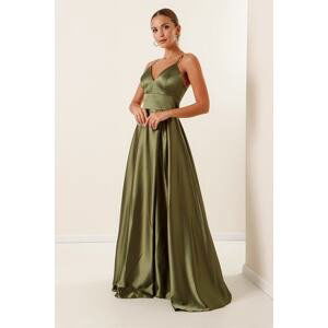 By Saygı Lined Long Satin Dress Olive With Rope Straps Cross-Tie Back