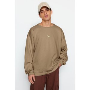 Trendyol Men's Brown Oversize/Wide-Fit Fleece Dinosaur Embroidered Sweatshirt