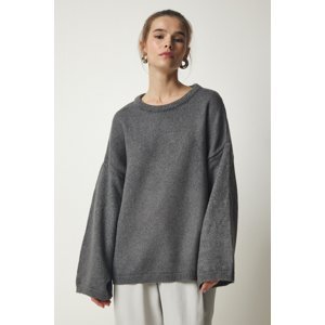 Happiness İstanbul Dámske sivé oversize základný pletený sveter