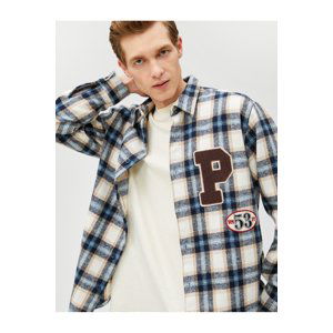 Koton Plaid College Shirt Jacket Embroidered Pocket Detailed Classic Collar