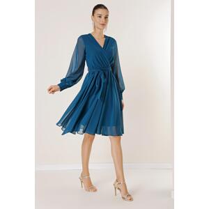 By Saygı Double Breasted Neck Long Sleeve Lined Chiffon Dress