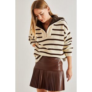 Bianco Lucci Women's Collar Shearling Striped Zippered Knitwear Sweater