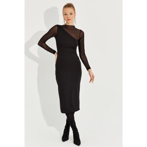 Cool &ampy dámske novoročné čierne tylové detailné asymetrické midi šaty