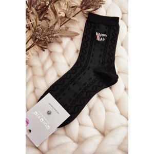 Women's patterned socks with an inscription and a teddy bear, black