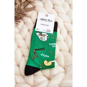 Men's socks with Asian noodle patterns, green