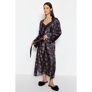 Trendyol Black-Multicolored Floral Satin Woven Dressing Gown
